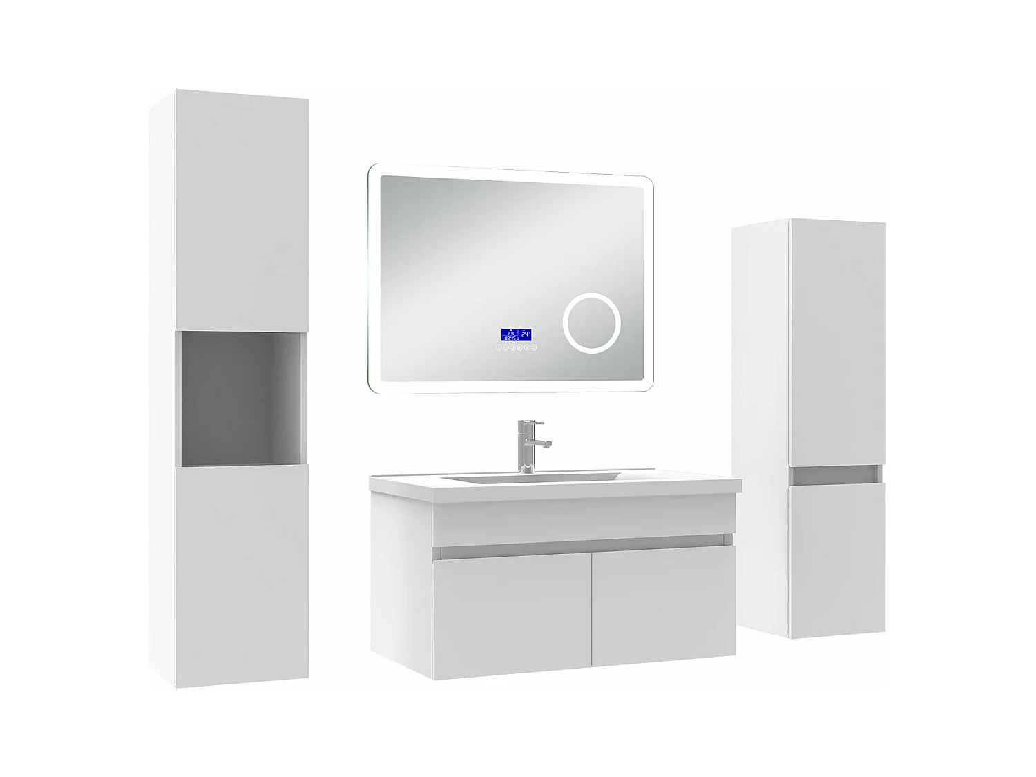 AICA Ensemble meuble Salle de Bain 80cm blanc avec 2 colonnes, simple vasque et Led miroir dimmable avec 3 couleurs, Bluetooth et 3X grossissement.