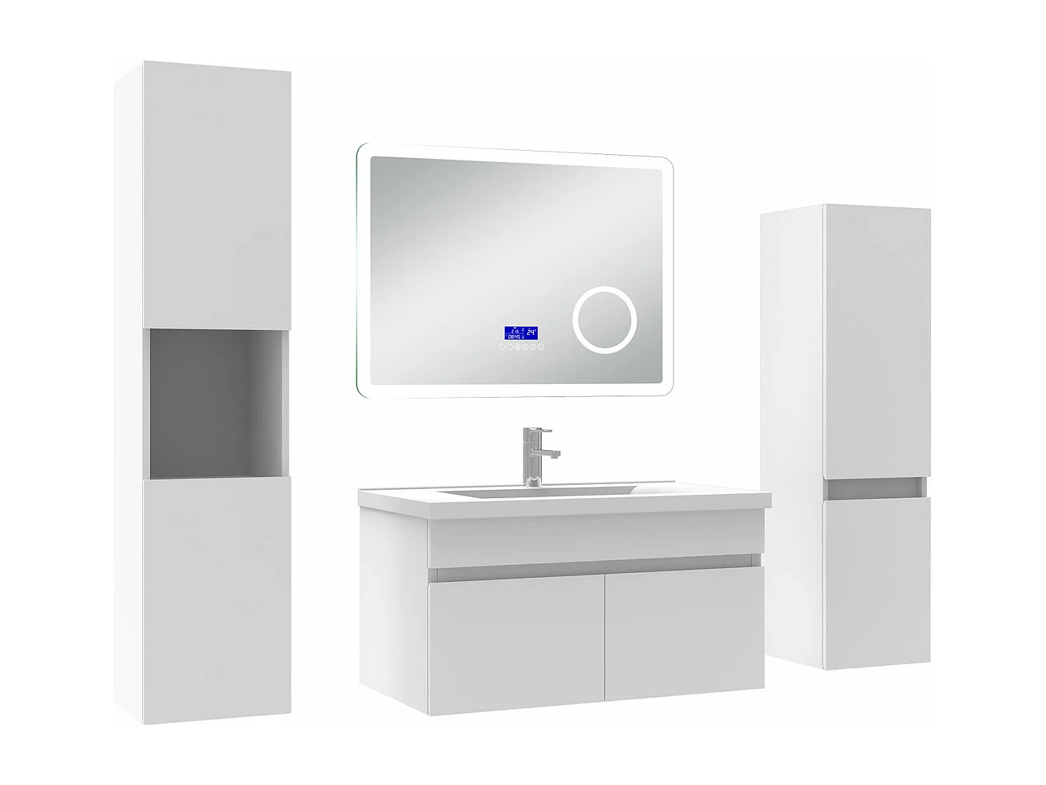 AICA Ensemble meuble Salle de Bain 80cm blanc avec 2 colonnes, simple vasque et Led miroir dimmable avec 3 couleurs, Bluetooth et 3X grossissement.