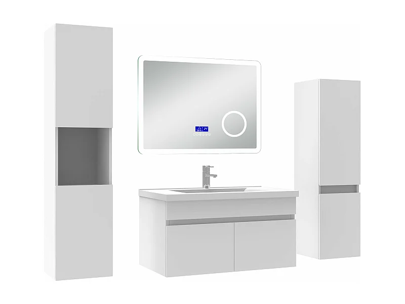 AICA Ensemble meuble Salle de Bain 80cm blanc avec 2 colonnes, simple vasque et Led miroir dimmable avec 3 couleurs, Bluetooth et 3X grossissement.