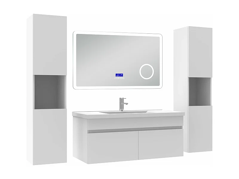 AICA Ensemble meuble Salle de Bain 100cm blanc avec 2 colonnes, simple vasque et Led miroir dimmable avec 3 couleurs, Bluetooth et 3X grossissement.