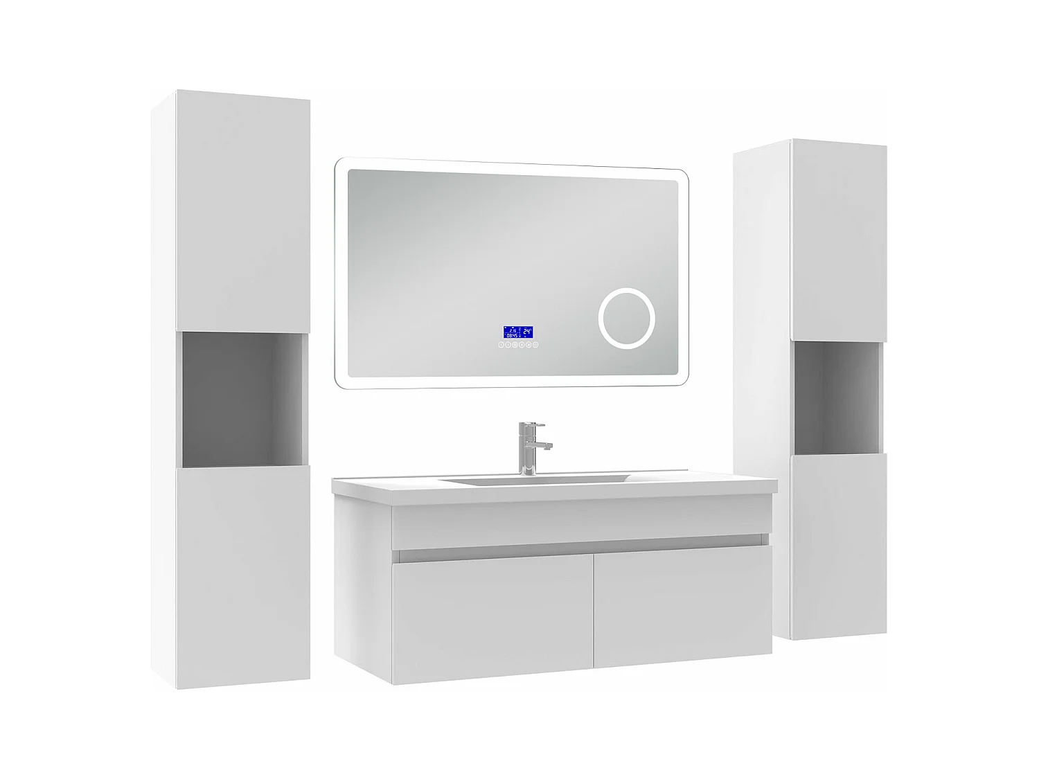 AICA Ensemble meuble Salle de Bain 100cm blanc avec 2 colonnes, simple vasque et Led miroir dimmable avec 3 couleurs, Bluetooth et 3X grossissement.