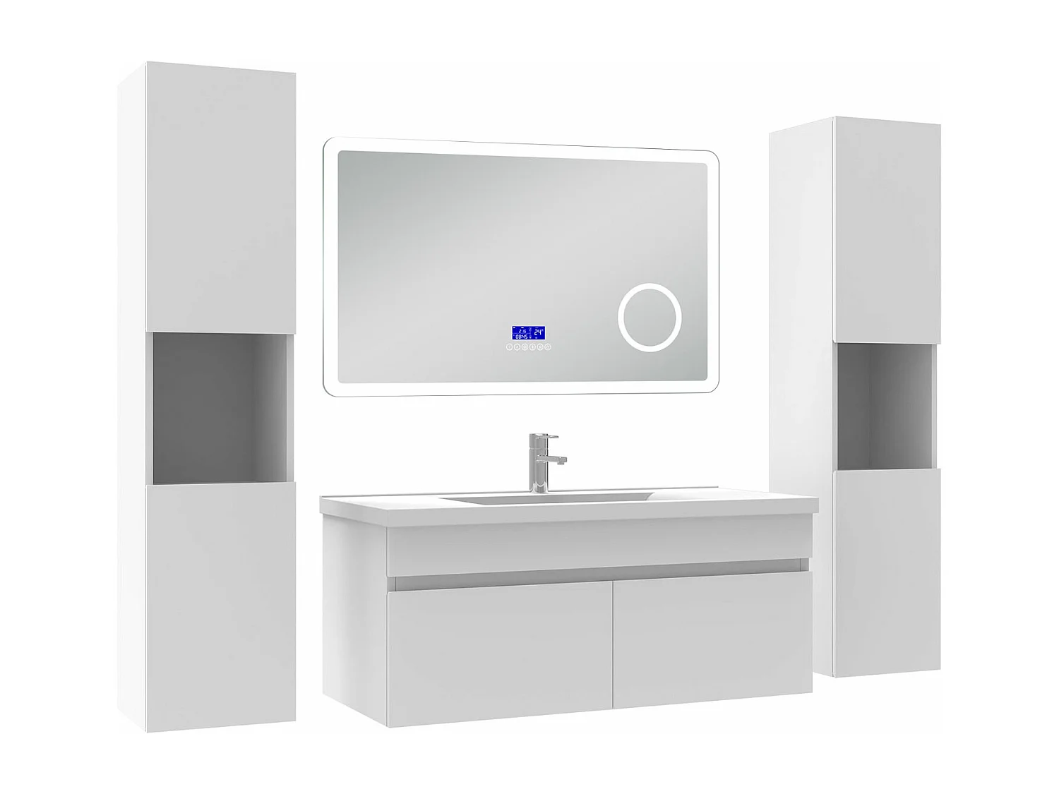 AICA Ensemble meuble Salle de Bain 100cm blanc avec 2 colonnes, simple vasque et Led miroir dimmable avec 3 couleurs, Bluetooth et 3X grossissement.