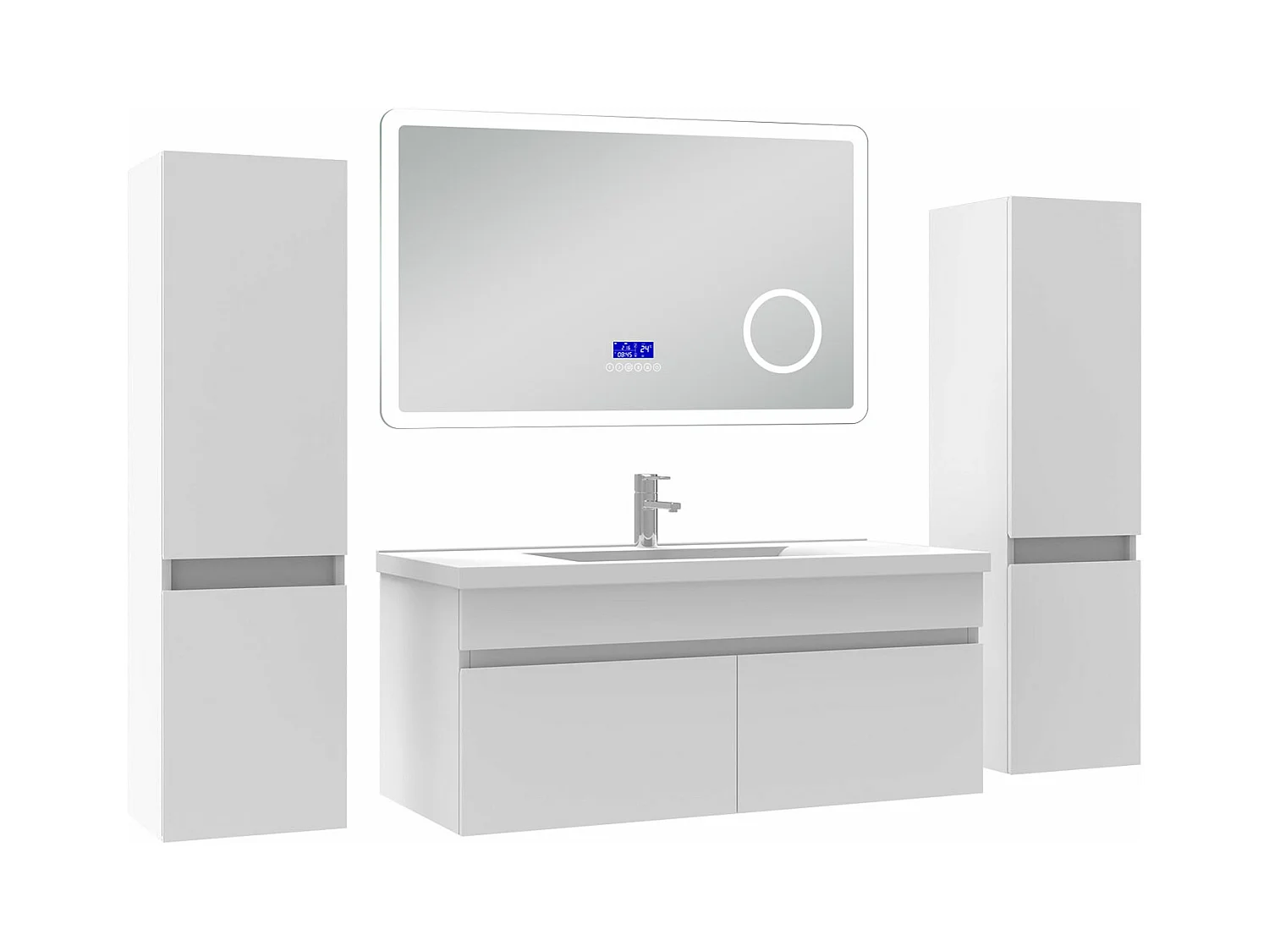 AICA Ensemble meuble Salle de Bain 100cm blanc avec 2 colonnes, simple vasque et Led miroir dimmable avec 3 couleurs, Bluetooth et 3X grossissement.