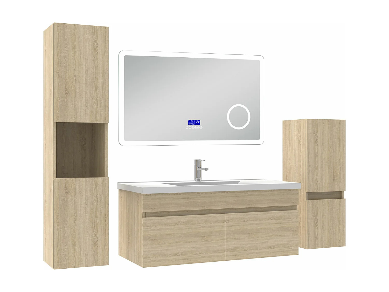 AICA Ensemble meuble Salle de Bain Chêne Wotan 100cm avec 2 colonnes, simple vasque et Led miroir dimmable avec 3 couleurs, Bluetooth et 3X grossissement.