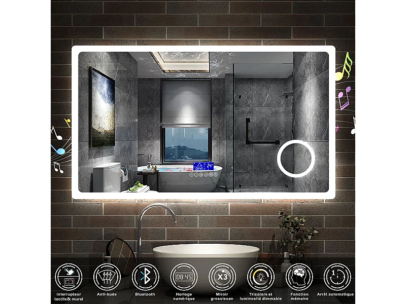 AICA Ensemble meuble Salle de Bain 100cm blanc avec 2 colonnes, simple vasque et Led miroir dimmable avec 3 couleurs, Bluetooth et 3X grossissement.