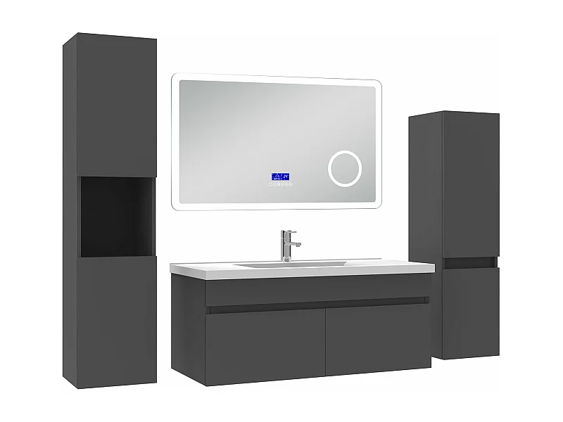 AICA Ensemble meuble Salle de Bain Anthracite 100cm avec 2 colonnes, simple vasque et Led miroir dimmable avec 3 couleurs, Bluetooth et 3X grossissement.