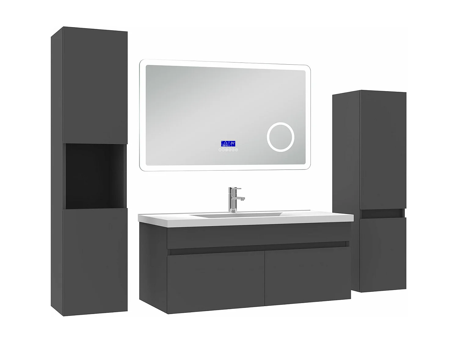 AICA Ensemble meuble Salle de Bain Anthracite 100cm avec 2 colonnes, simple vasque et Led miroir dimmable avec 3 couleurs, Bluetooth et 3X grossissement.