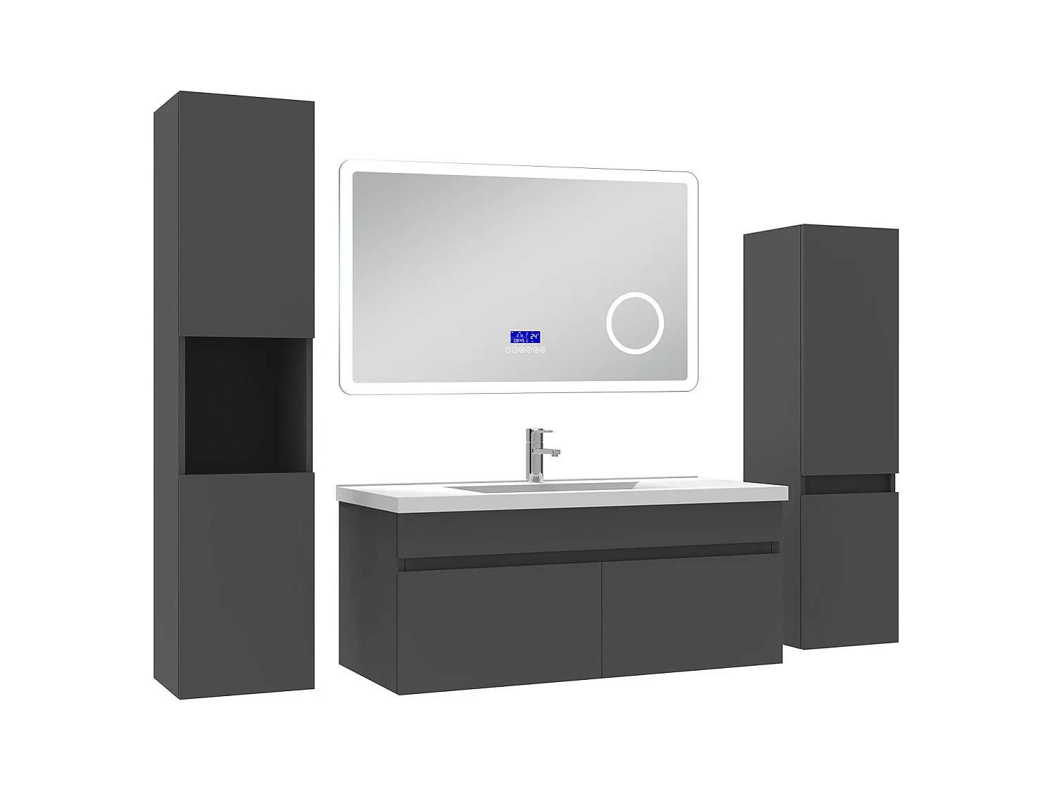 AICA Ensemble meuble Salle de Bain Anthracite 100cm avec 2 colonnes, simple vasque et Led miroir dimmable avec 3 couleurs, Bluetooth et 3X grossissement.