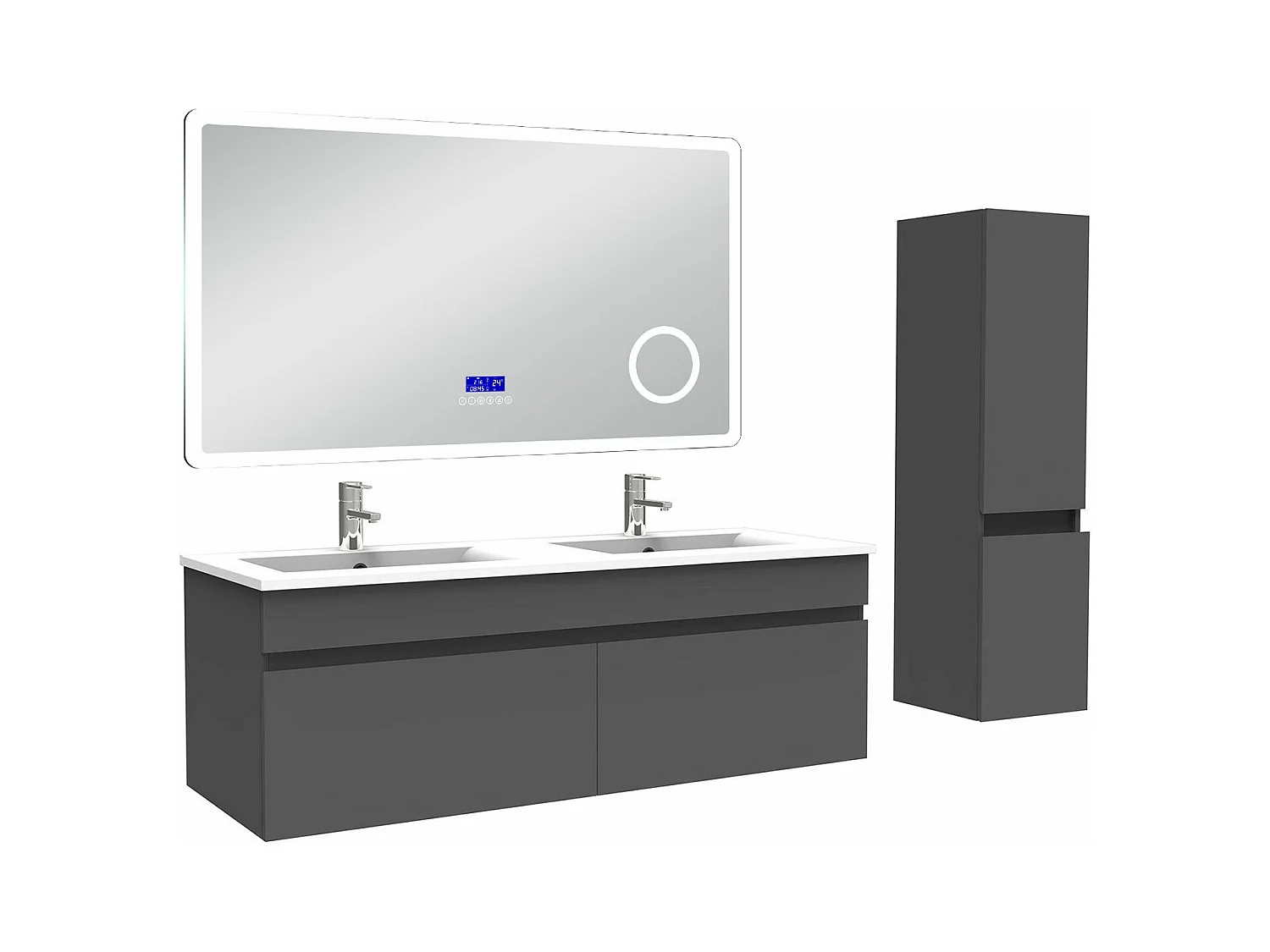 AICA Ensemble meuble Salle de Bain Anthracite 120cm avec colonne, double vasque et Led miroir dimmable avec 3 couleurs, Bluetooth et 3X grossissement.
