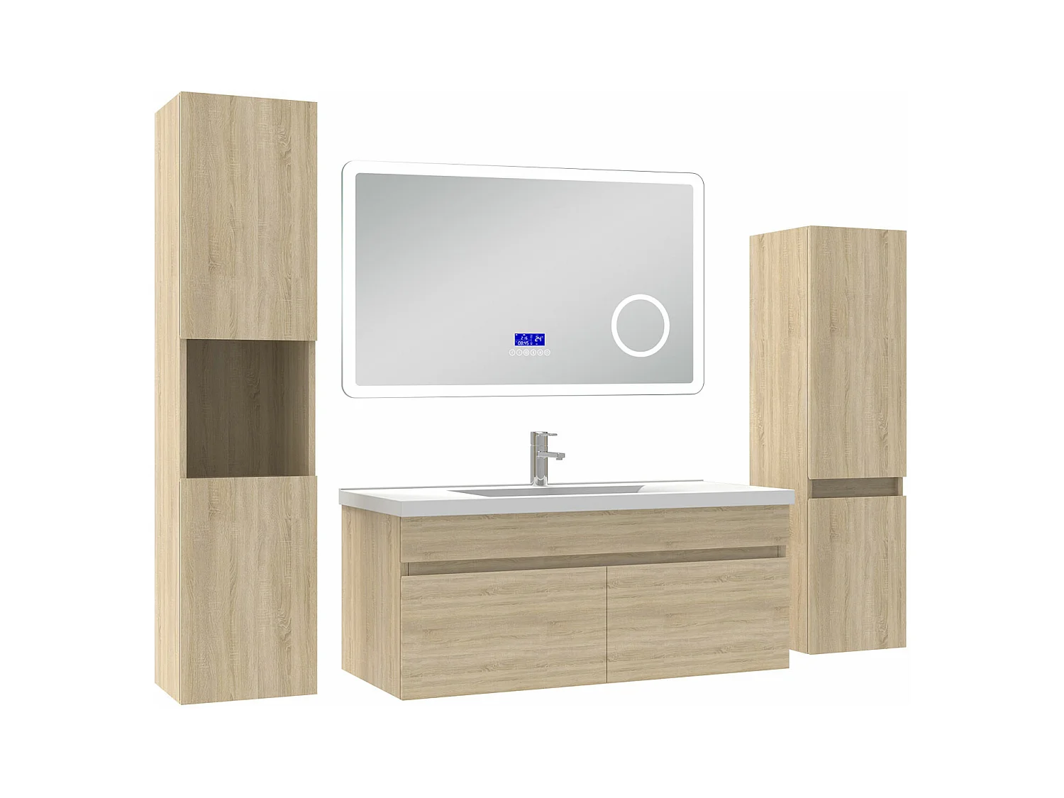 AICA Ensemble meuble Salle de Bain Chêne Wotan 100cm avec 2 colonnes, simple vasque et Led miroir dimmable avec 3 couleurs, Bluetooth et 3X grossissement.