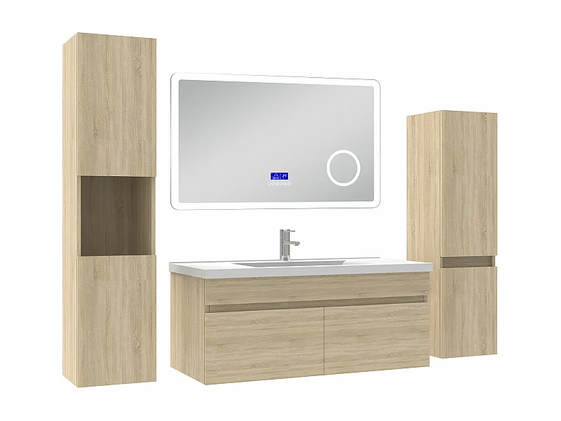 AICA Ensemble meuble Salle de Bain Chêne Wotan 100cm avec 2 colonnes, simple vasque et Led miroir dimmable avec 3 couleurs, Bluetooth et 3X grossissement.