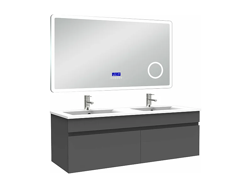 AICA Ensemble meuble Salle de Bain 120cm Anthracite avec double vasque et Led miroir dimmable avec 3 couleurs+Bluetooth+3X grossissement
