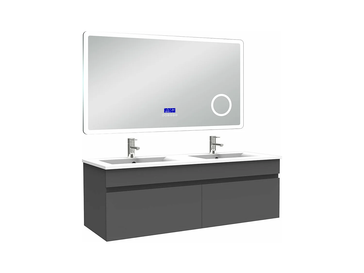 AICA Ensemble meuble Salle de Bain 120cm Anthracite avec double vasque et Led miroir dimmable avec 3 couleurs+Bluetooth+3X grossissement