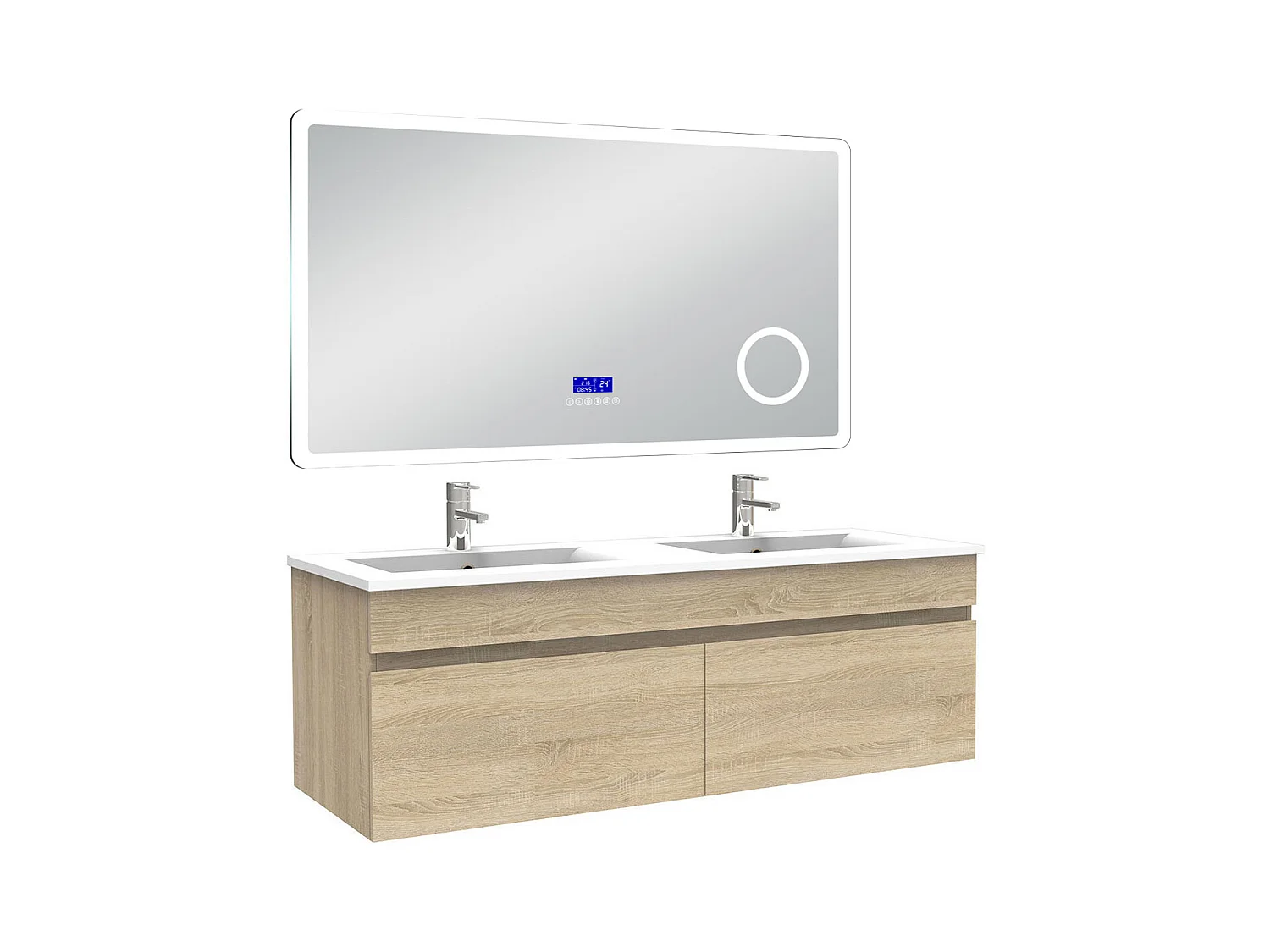 AICA Ensemble meuble Salle de Bain 120cm Chêne Wotan avec double vasque et Led miroir dimmable avec 3 couleurs+Bluetooth+3X grossissement