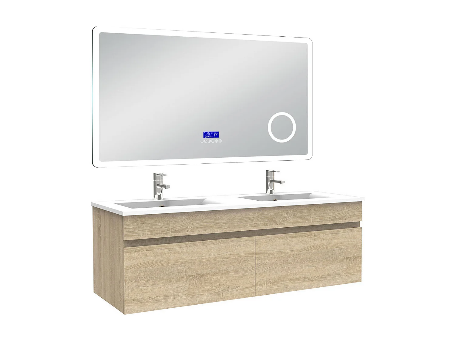 AICA Ensemble meuble Salle de Bain 120cm Chêne Wotan avec double vasque et Led miroir dimmable avec 3 couleurs+Bluetooth+3X grossissement