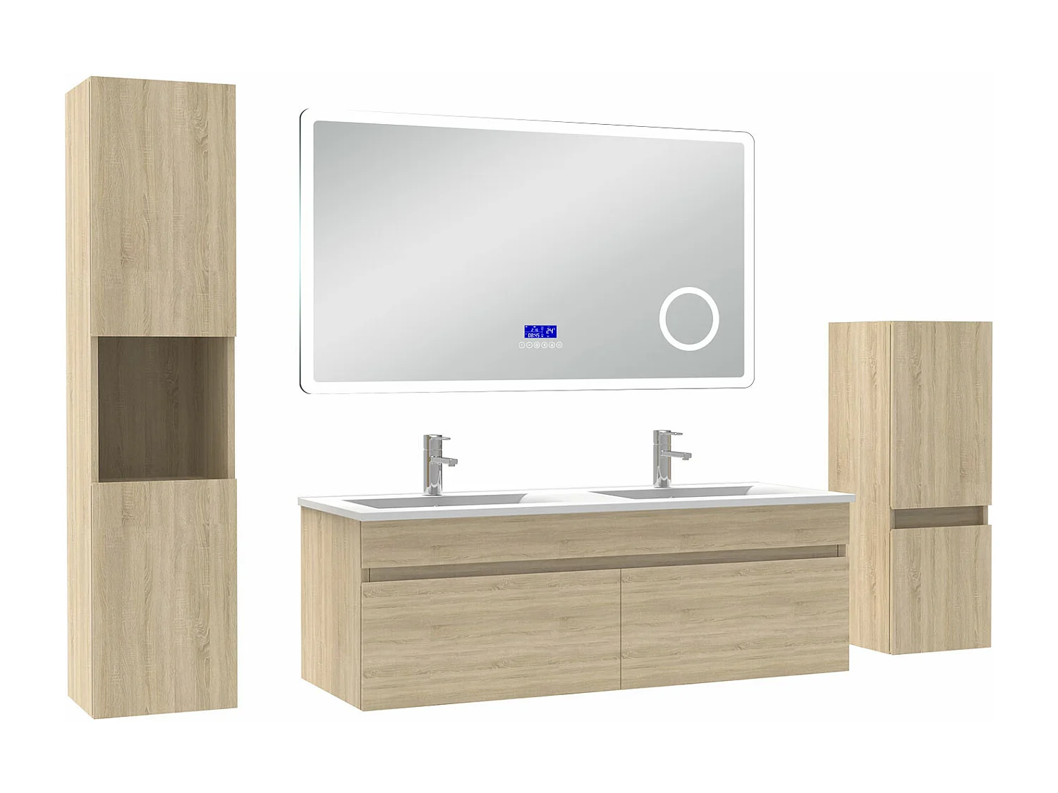 AICA Ensemble meuble Salle de Bain Chêne Wotan 120cm avec 2 colonnes, double vasque et Led miroir dimmable avec 3 couleurs, Bluetooth et 3X grossissement.