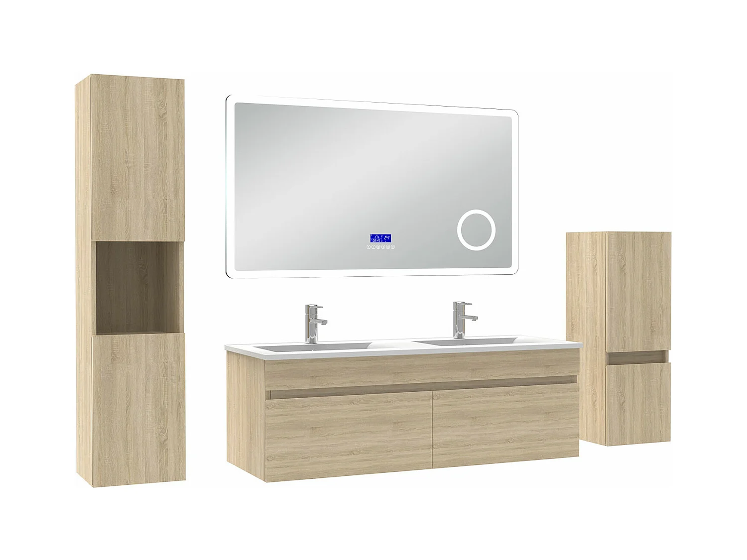 AICA Ensemble meuble Salle de Bain Chêne Wotan 120cm avec 2 colonnes, double vasque et Led miroir dimmable avec 3 couleurs, Bluetooth et 3X grossissement.