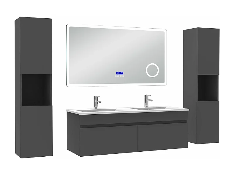 AICA Ensemble meuble Salle de Bain Anthracite 120cm avec 2 colonnes, double vasque et Led miroir dimmable avec 3 couleurs, Bluetooth et 3X grossissement.