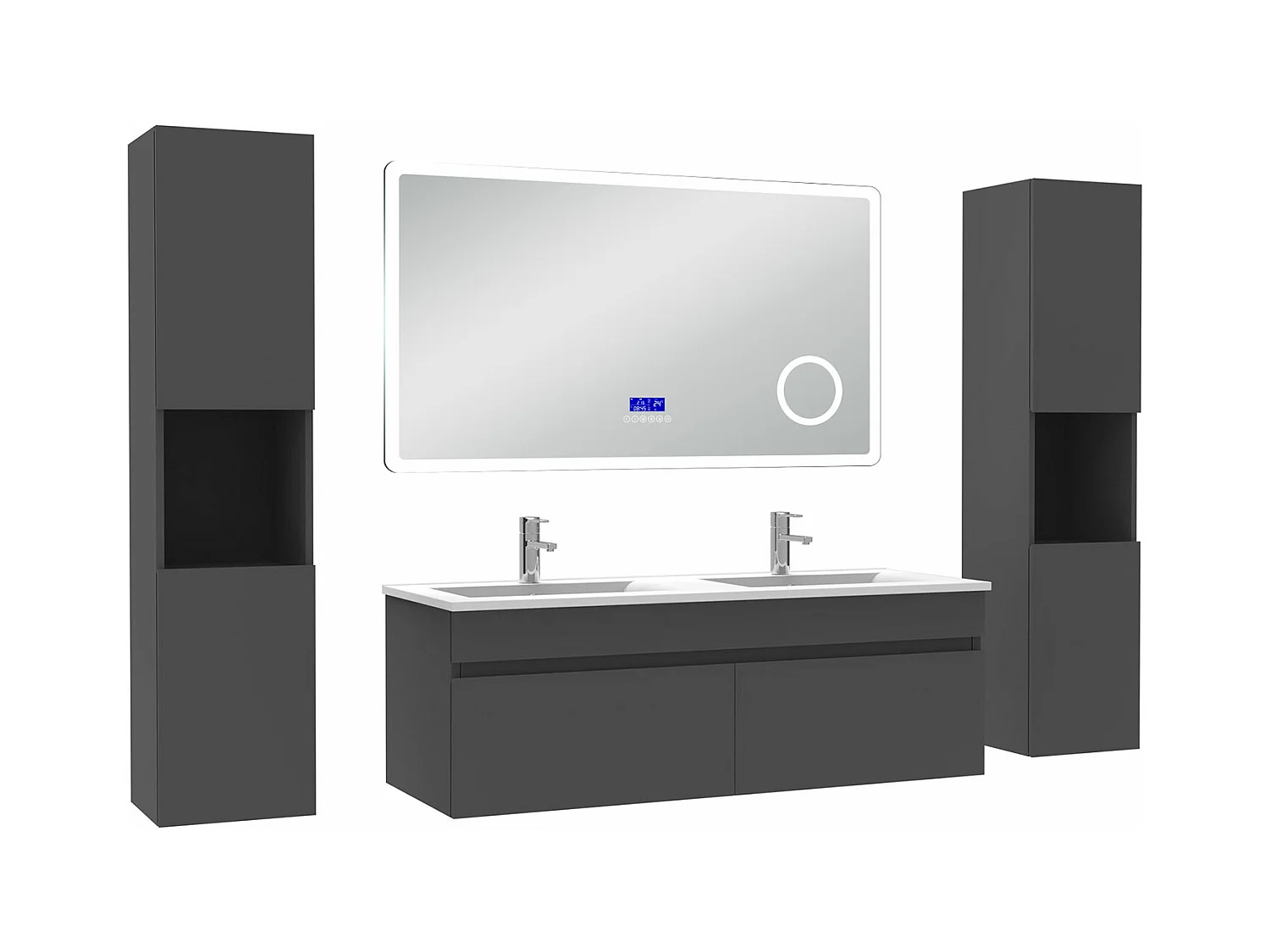 AICA Ensemble meuble Salle de Bain Anthracite 120cm avec 2 colonnes, double vasque et Led miroir dimmable avec 3 couleurs, Bluetooth et 3X grossissement.