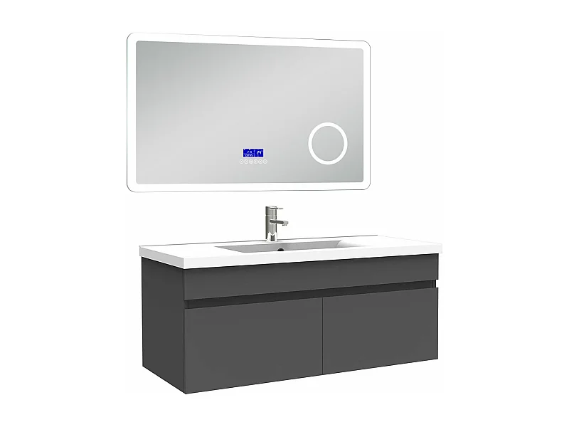 AICA Ensemble meuble Salle de Bain 100cm Anthracite avec simple vasque et Led miroir dimmable avec 3 couleurs+Bluetooth+3X grossissement