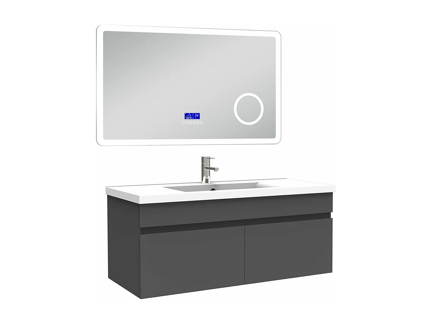 AICA Ensemble meuble Salle de Bain 100cm Anthracite avec simple vasque et Led miroir dimmable avec 3 couleurs+Bluetooth+3X grossissement