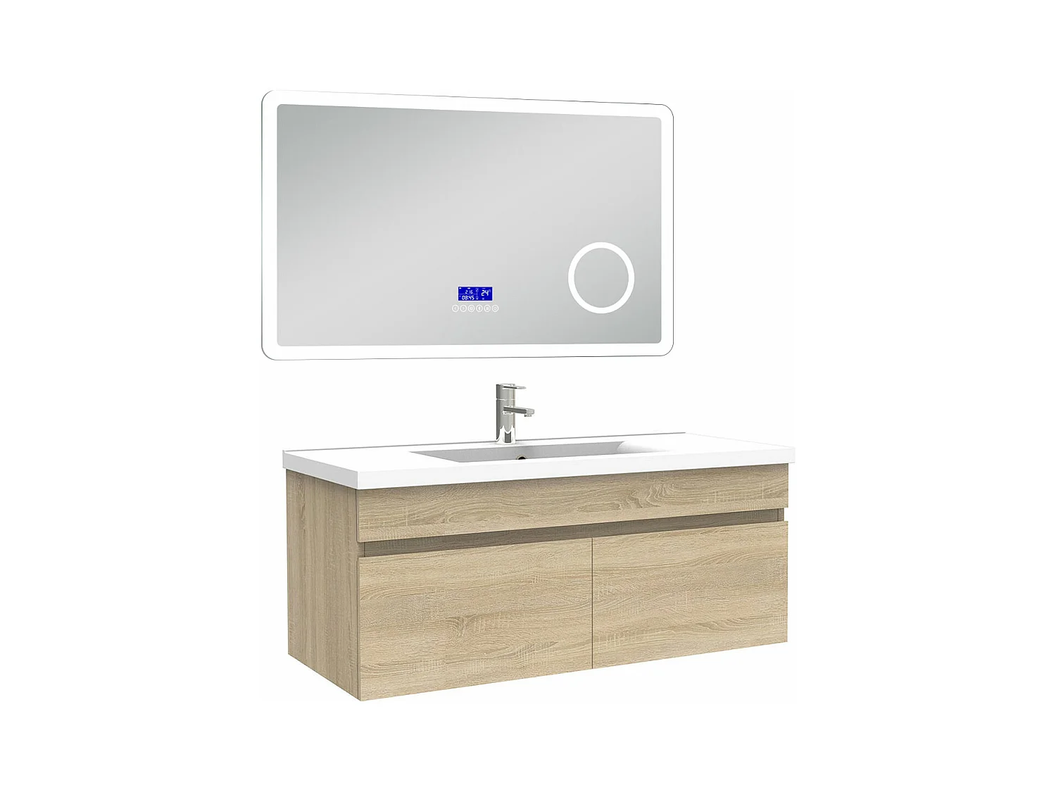 AICA Ensemble meuble Salle de Bain 100cm Chêne Wotan avec simple vasque et Led miroir dimmable avec 3 couleurs+Bluetooth+3X grossissement