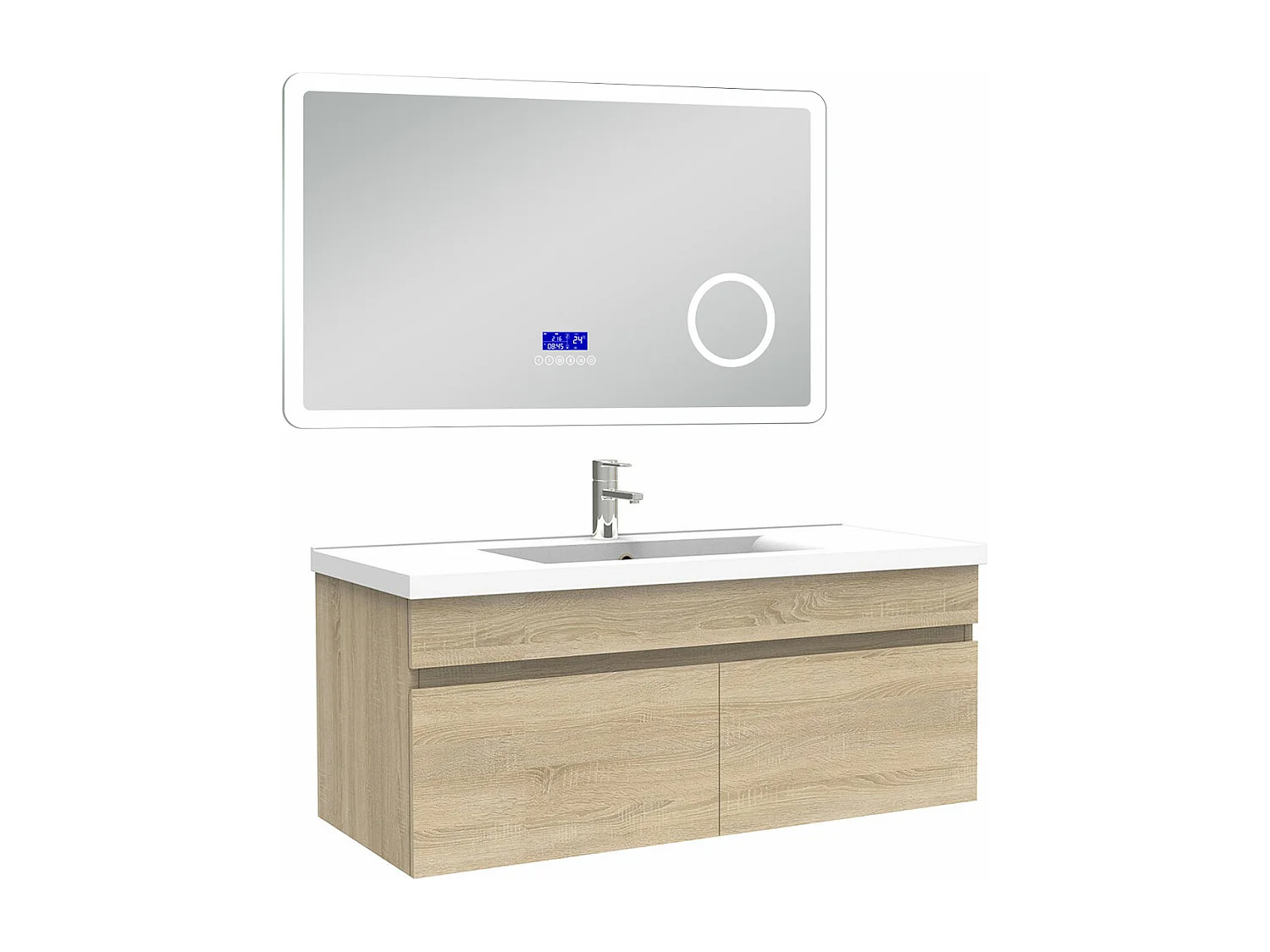 AICA Ensemble meuble Salle de Bain 100cm Chêne Wotan avec simple vasque et Led miroir dimmable avec 3 couleurs+Bluetooth+3X grossissement