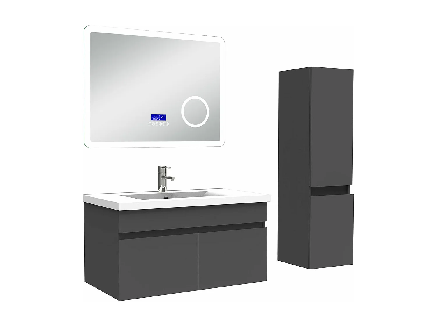 AICA Ensemble meuble Salle de Bain Anthracite 80cm avec colonne, simple vasque et Led miroir dimmable avec 3 couleurs, Bluetooth et 3X grossissement.