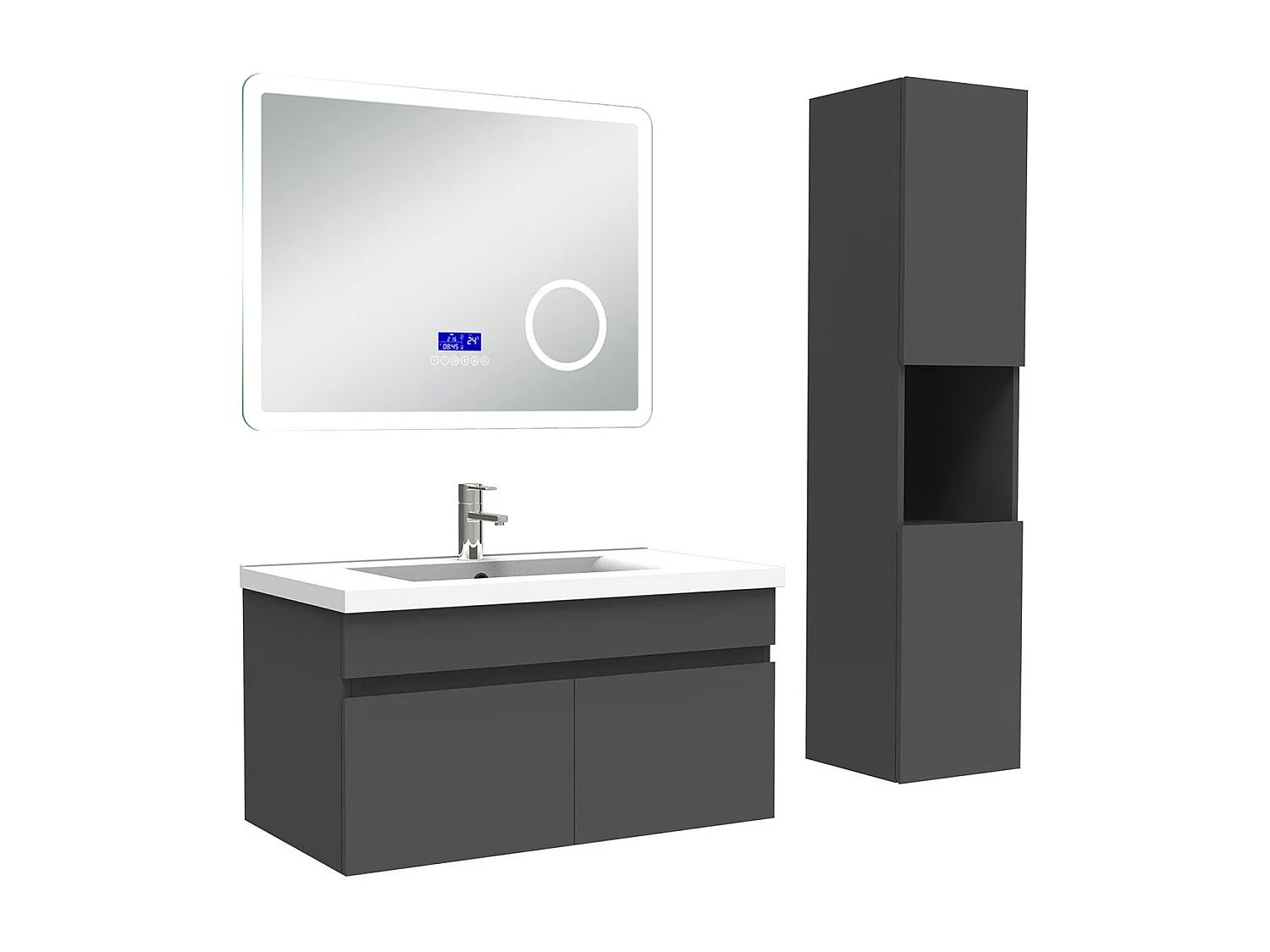 AICA Ensemble meuble Salle de Bain Anthracite 80cm avec colonne, simple vasque et Led miroir dimmable avec 3 couleurs, Bluetooth et 3X grossissement.