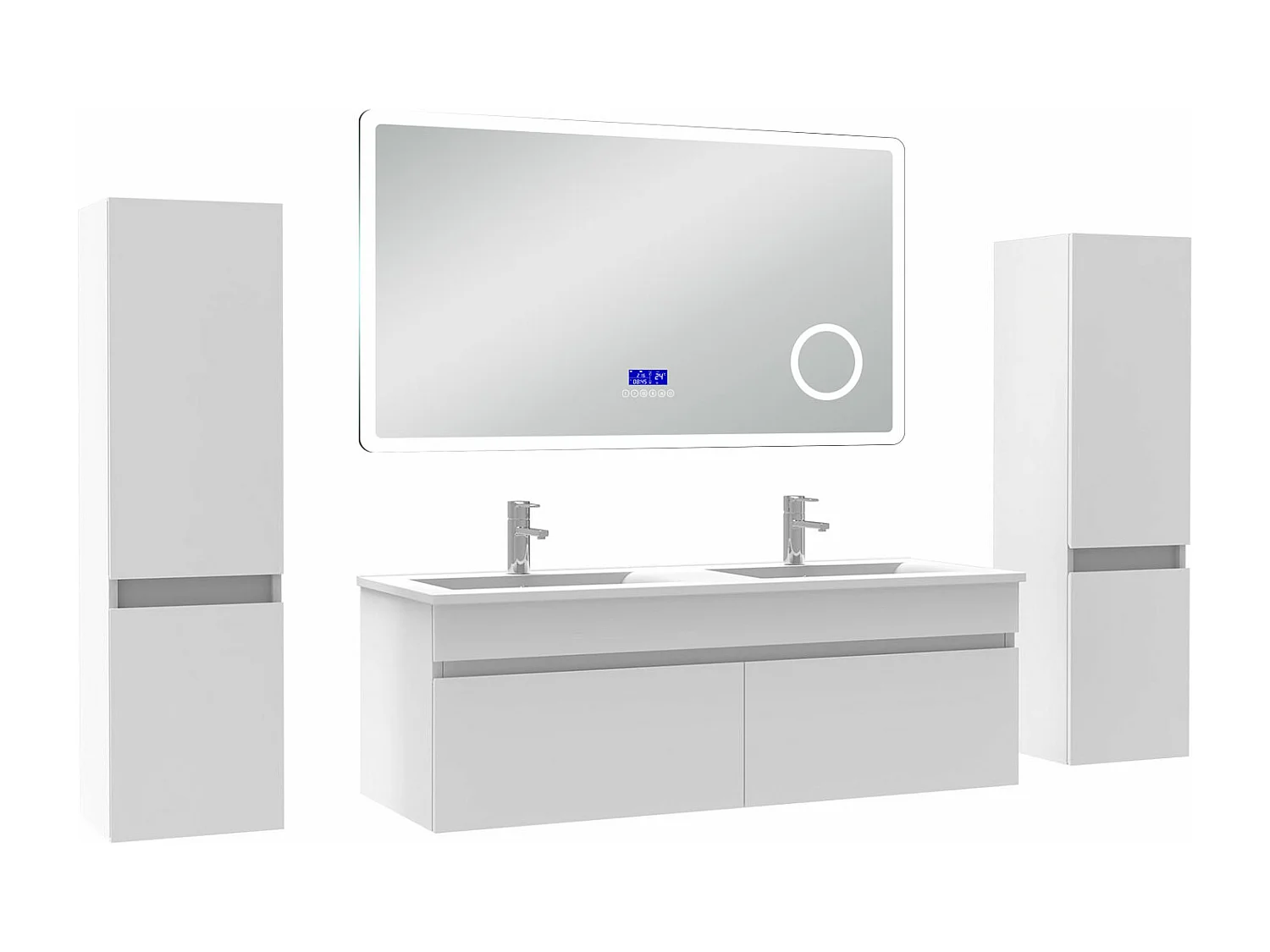 AICA Ensemble meuble Salle de Bain Anthracite 120cm avec 2 colonnes, double vasque et Led miroir dimmable avec 3 couleurs, Bluetooth et 3X grossissement.
