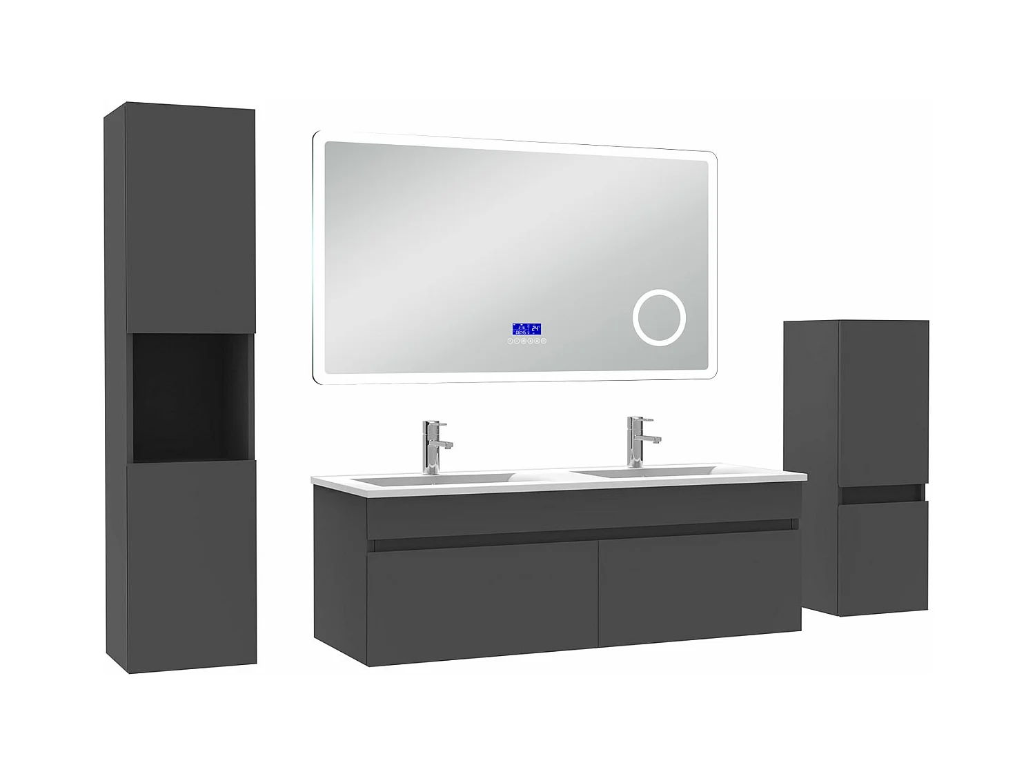 AICA Ensemble meuble Salle de Bain Anthracite 120cm avec 2 colonnes, double vasque et Led miroir dimmable avec 3 couleurs, Bluetooth et 3X grossissement.