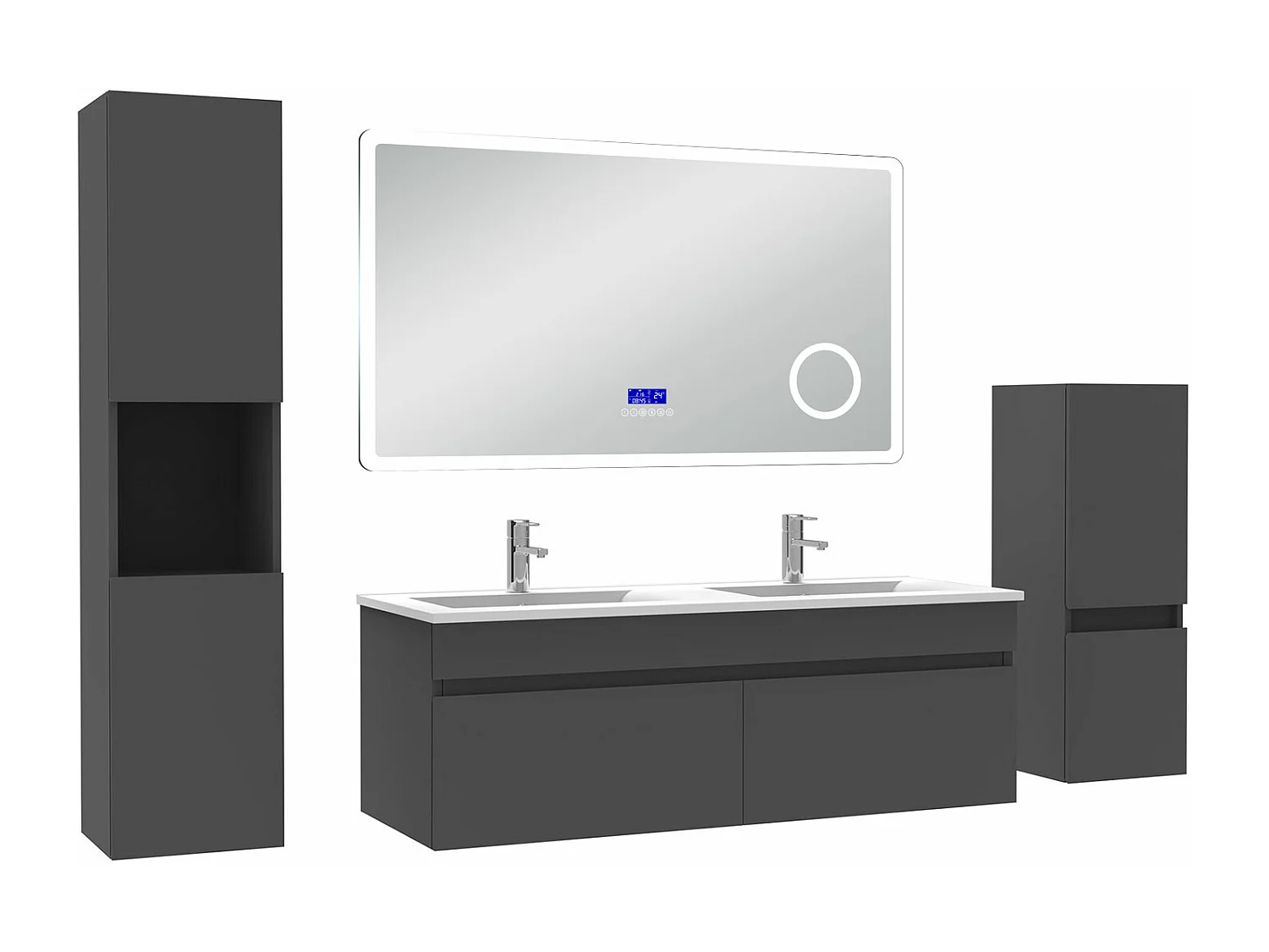AICA Ensemble meuble Salle de Bain Anthracite 120cm avec 2 colonnes, double vasque et Led miroir dimmable avec 3 couleurs, Bluetooth et 3X grossissement.