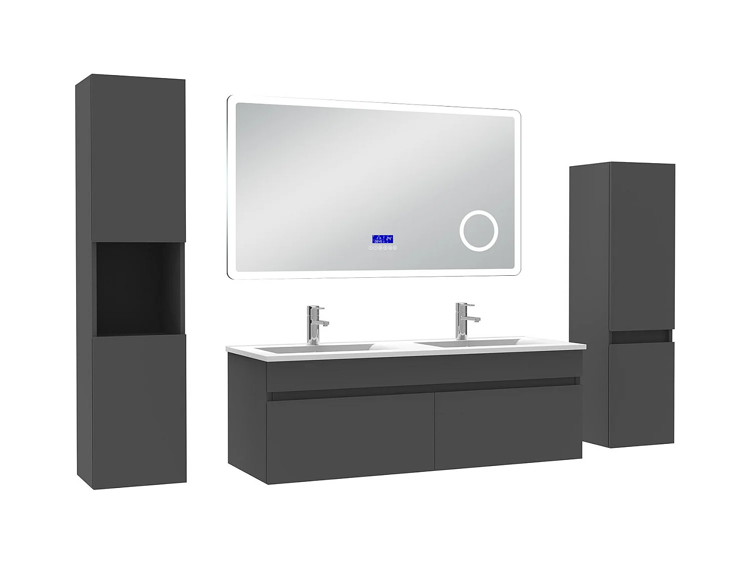 AICA Ensemble meuble Salle de Bain Anthracite 120cm avec 2 colonnes, double vasque et Led miroir dimmable avec 3 couleurs, Bluetooth et 3X grossissement.