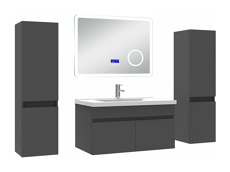 AICA Ensemble meuble Salle de Bain Anthracite 80cm avec 2 colonnes, simple vasque et Led miroir dimmable avec 3 couleurs, Bluetooth et 3X grossissement.