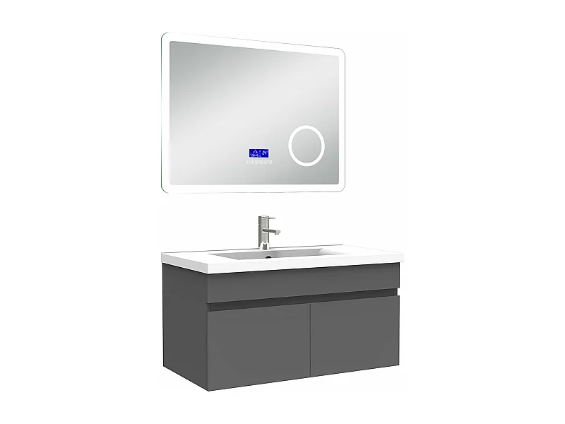 AICA Ensemble meuble Salle de Bain 80cm Anthracite avec simple vasque et Led miroir dimmable avec 3 couleurs+Bluetooth+3X grossissement