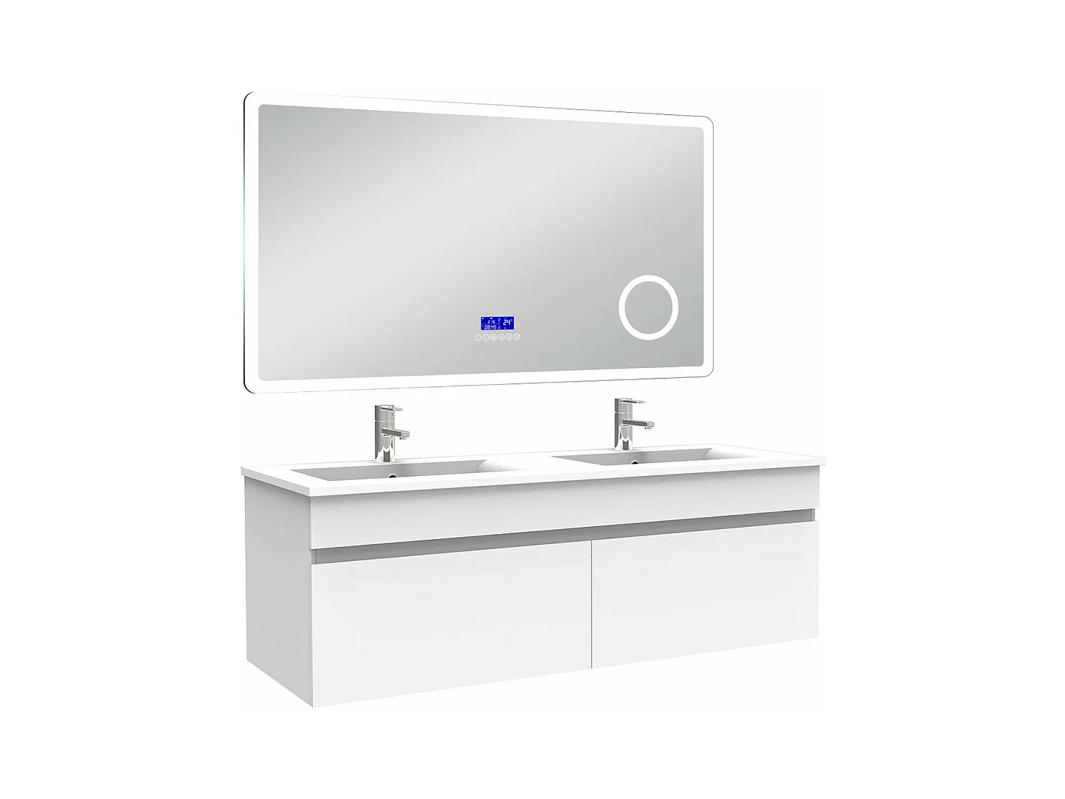 AICA Ensemble meuble Salle de Bain 120cm blanc avec double vasque et Led miroir dimmable avec 3 couleurs+Bluetooth+3X grossissement