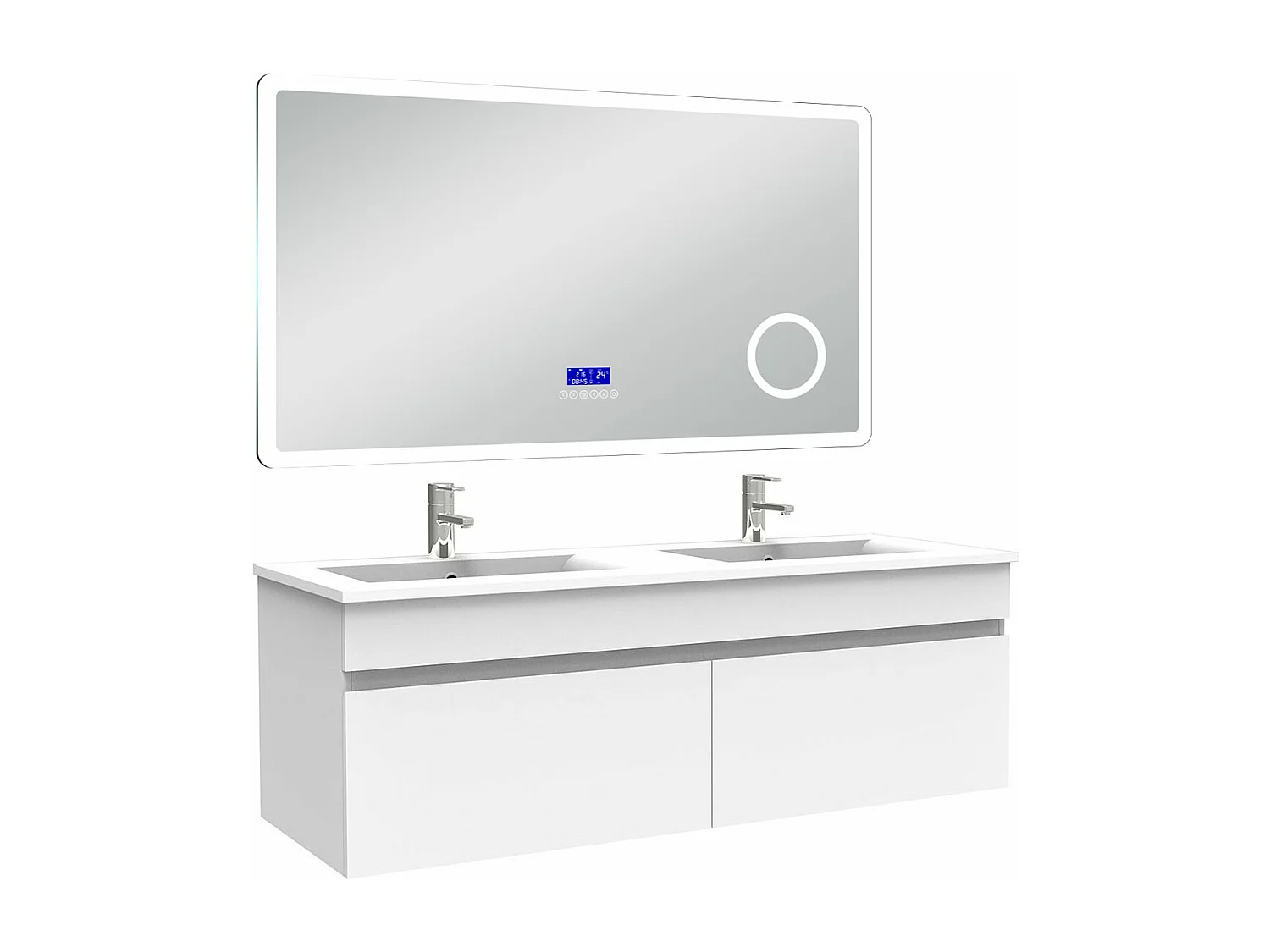 AICA Ensemble meuble Salle de Bain 120cm blanc avec double vasque et Led miroir dimmable avec 3 couleurs+Bluetooth+3X grossissement