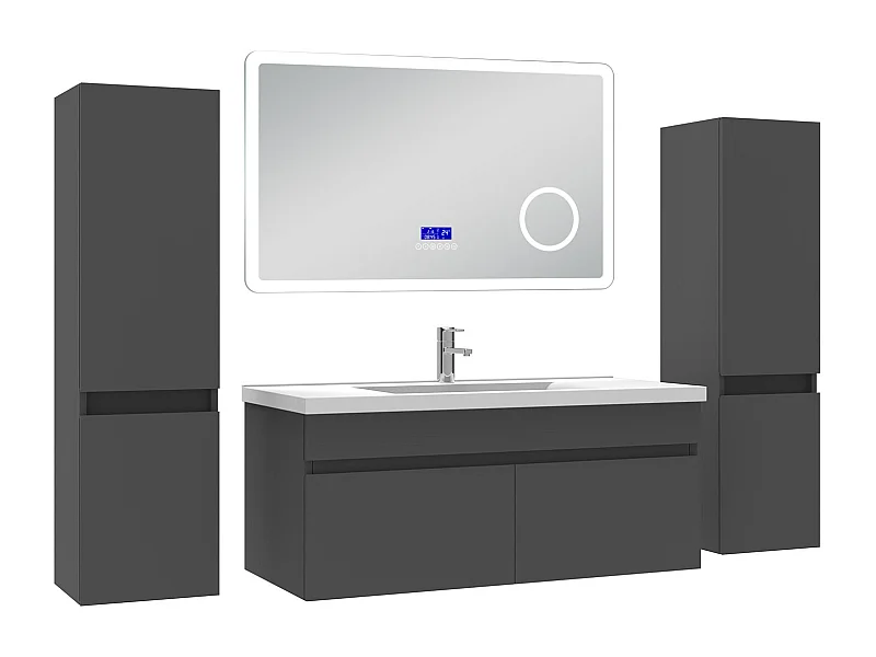AICA Ensemble meuble Salle de Bain Anthracite 100cm avec 2 colonnes, simple vasque et Led miroir dimmable avec 3 couleurs, Bluetooth et 3X grossissement.