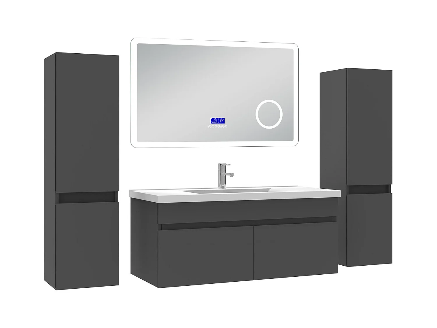 AICA Ensemble meuble Salle de Bain Anthracite 100cm avec 2 colonnes, simple vasque et Led miroir dimmable avec 3 couleurs, Bluetooth et 3X grossissement.