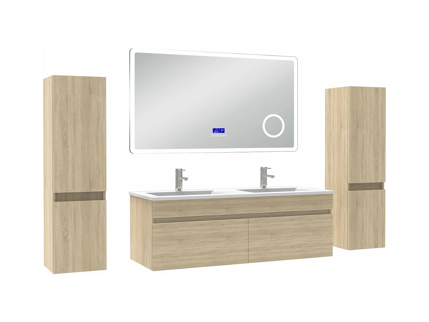 AICA Ensemble meuble Salle de Bain Chêne Wotan 120cm avec 2 colonnes, double vasque et Led miroir dimmable avec 3 couleurs, Bluetooth et 3X grossissement.