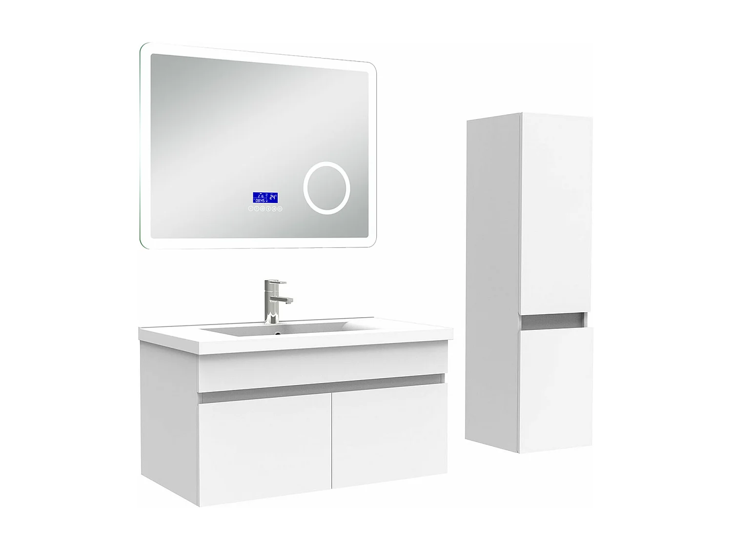 AICA Ensemble meuble Salle de Bain 80cm blanc avec colonne, simple vasque et Led miroir dimmable avec 3 couleurs, Bluetooth et 3X grossissement.