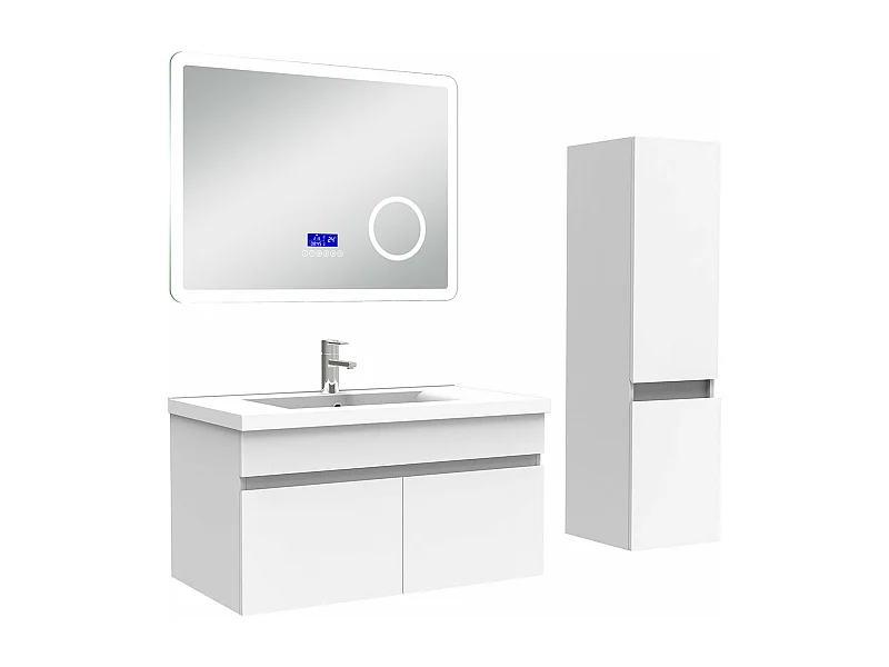AICA Ensemble meuble Salle de Bain 80cm blanc avec colonne, simple vasque et Led miroir dimmable avec 3 couleurs, Bluetooth et 3X grossissement.