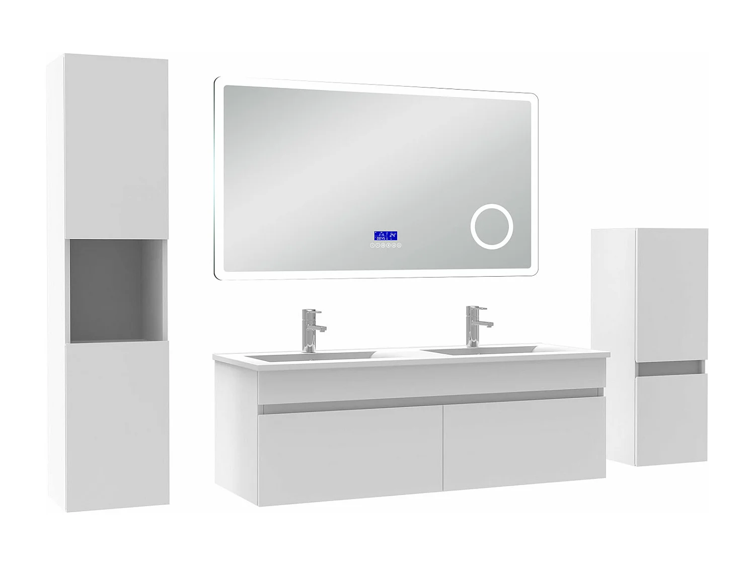 AICA Ensemble meuble Salle de Bain 120cm blanc avec 2 colonnes, double vasque et Led miroir dimmable avec 3 couleurs, Bluetooth et 3X grossissement.