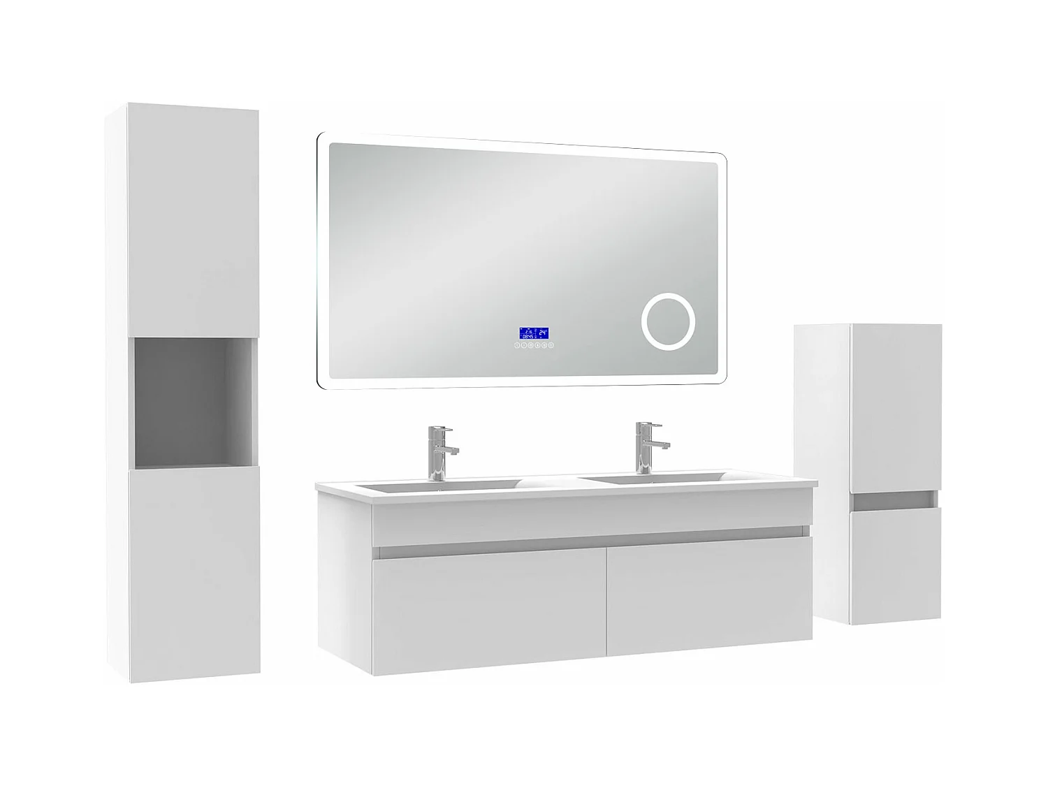 AICA Ensemble meuble Salle de Bain 120cm blanc avec 2 colonnes, double vasque et Led miroir dimmable avec 3 couleurs, Bluetooth et 3X grossissement.