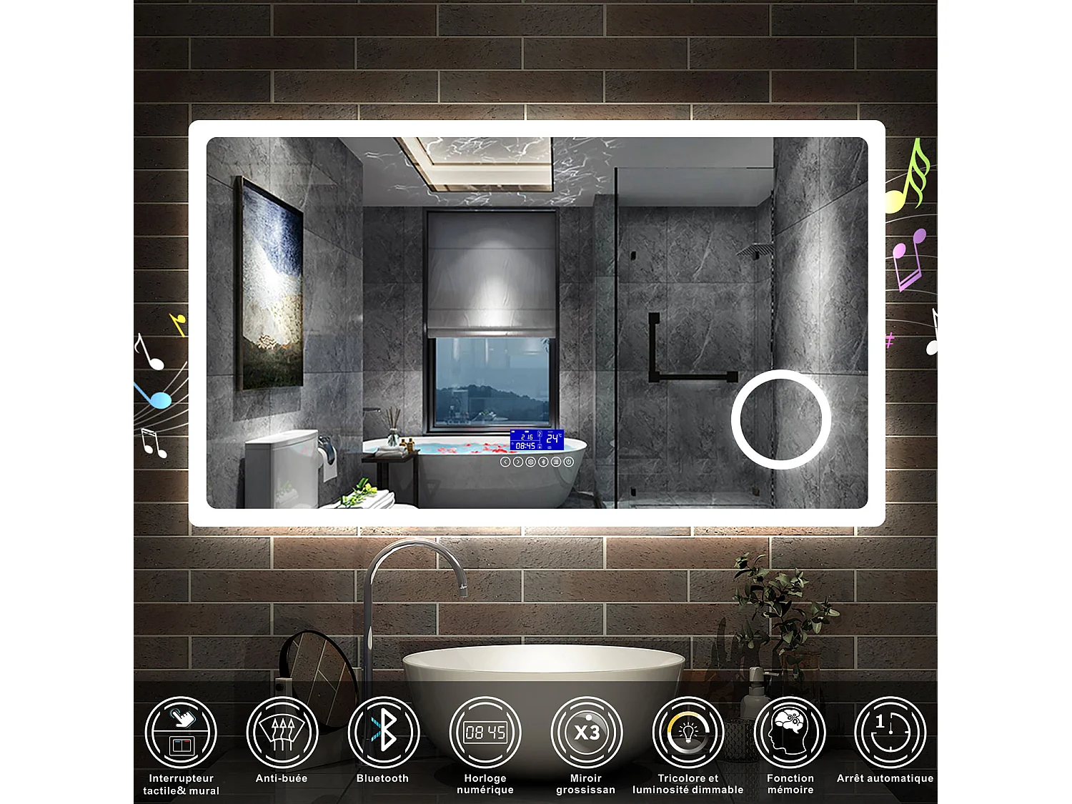 AICA Ensemble meuble Salle de Bain 120cm blanc avec 2 colonnes, double vasque et Led miroir dimmable avec 3 couleurs, Bluetooth et 3X grossissement.