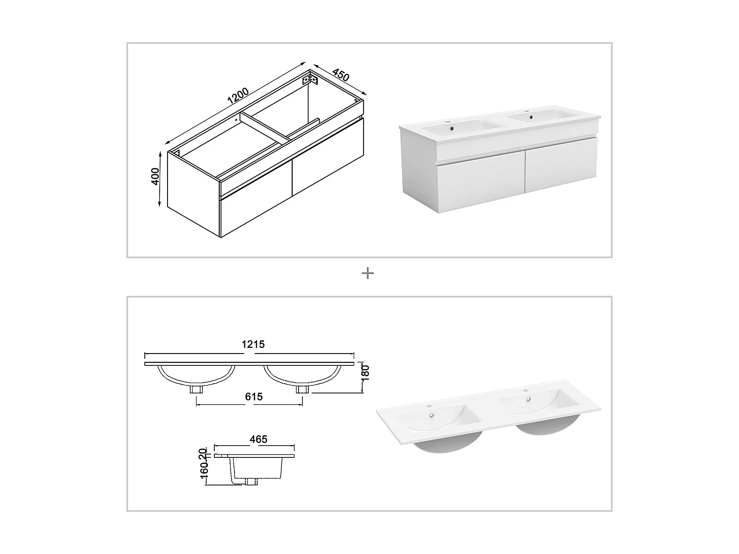 AICA Ensemble meuble Salle de Bain 120cm blanc avec 2 colonnes, double vasque et Led miroir dimmable avec 3 couleurs, Bluetooth et 3X grossissement.