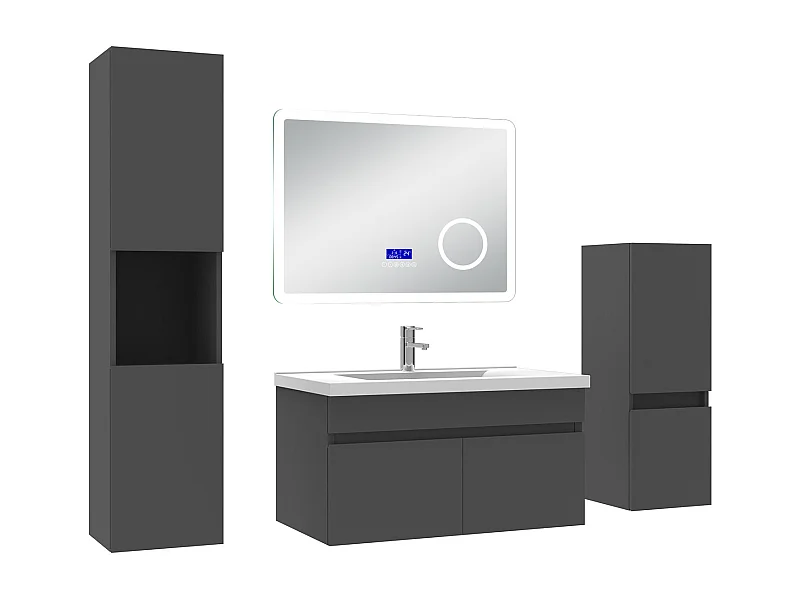 AICA Ensemble meuble Salle de Bain Anthracite 80cm avec 2 colonnes, simple vasque et Led miroir dimmable avec 3 couleurs, Bluetooth et 3X grossissement.