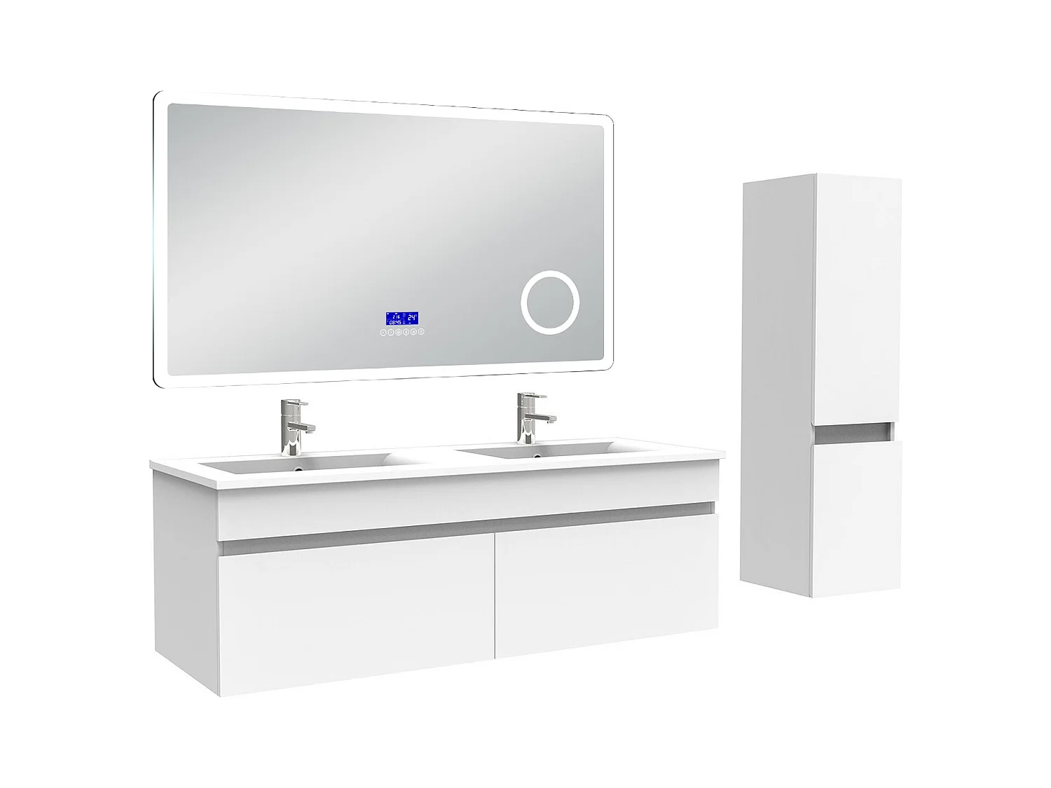 AICA Ensemble meuble Salle de Bain 120cm blanc avec colonne, double vasque et Led miroir dimmable avec 3 couleurs, Bluetooth et 3X grossissement.