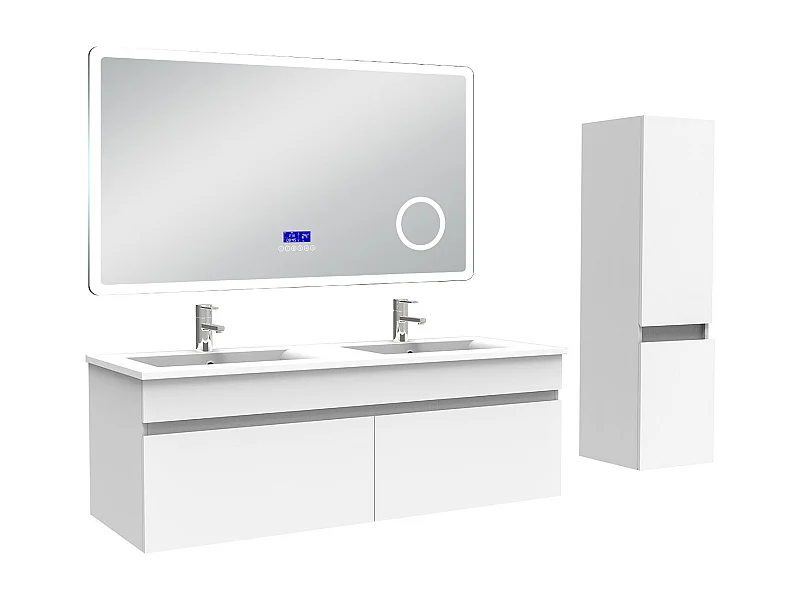 AICA Ensemble meuble Salle de Bain 120cm blanc avec colonne, double vasque et Led miroir dimmable avec 3 couleurs, Bluetooth et 3X grossissement.