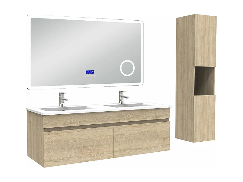 AICA Ensemble meuble Salle de Bain Chêne Wotan 120cm avec colonne, double vasque et Led miroir dimmable avec 3 couleurs, Bluetooth et 3X grossissement.